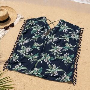 Beach  Navy Tropical V-Neck Tie-Sleeve